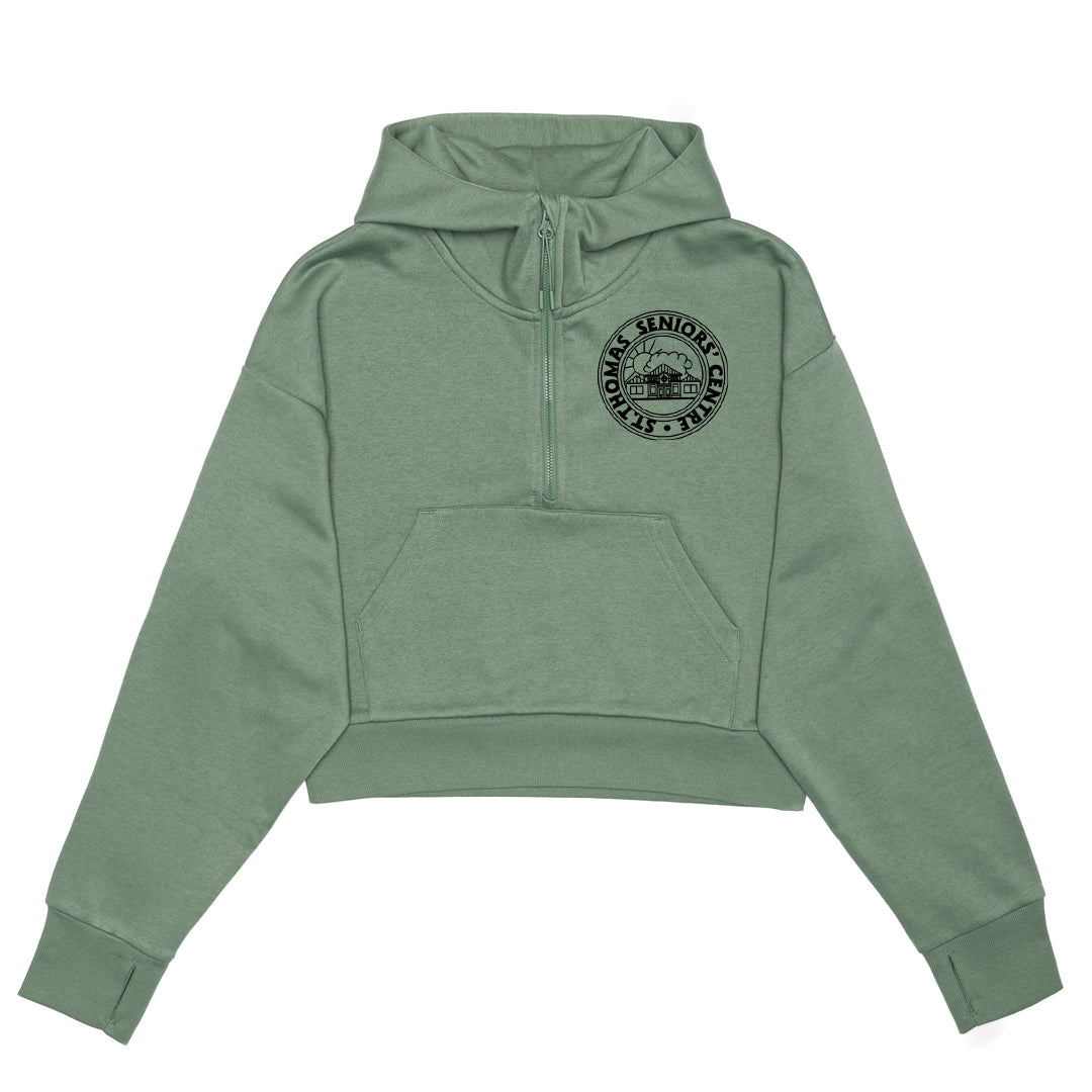 St. Thomas Seniors Centre Ladies' Cropped Drop Shoulder 1/2 Zip Hoodie - Dusty Green