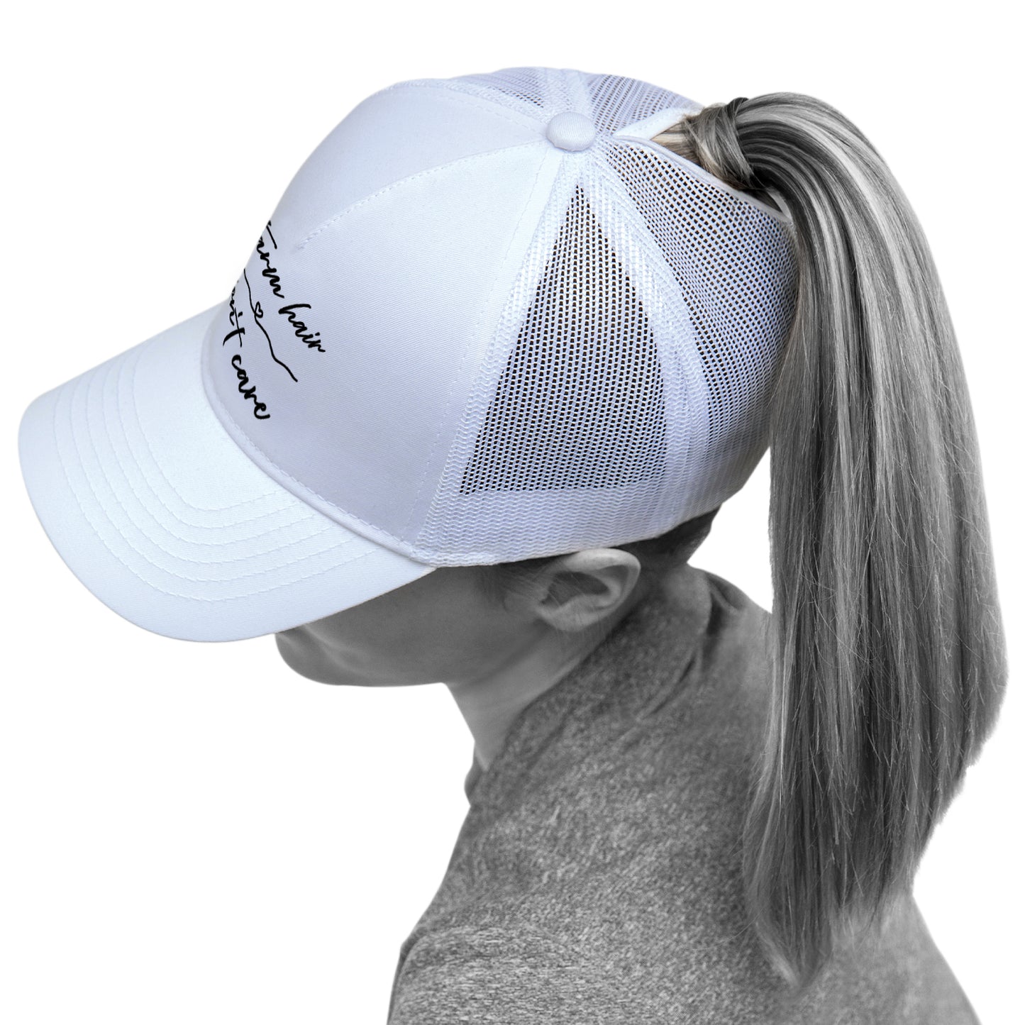 Glen Erie Farms Ladies' Nylon Mesh Ponytail Cap - Farm Hair Don't Care - White