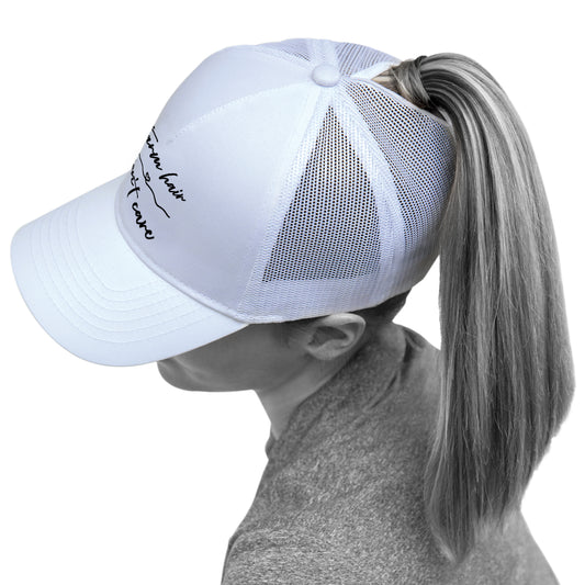 Glen Erie Farms Ladies' Nylon Mesh Ponytail Cap - Farm Hair Don't Care - White