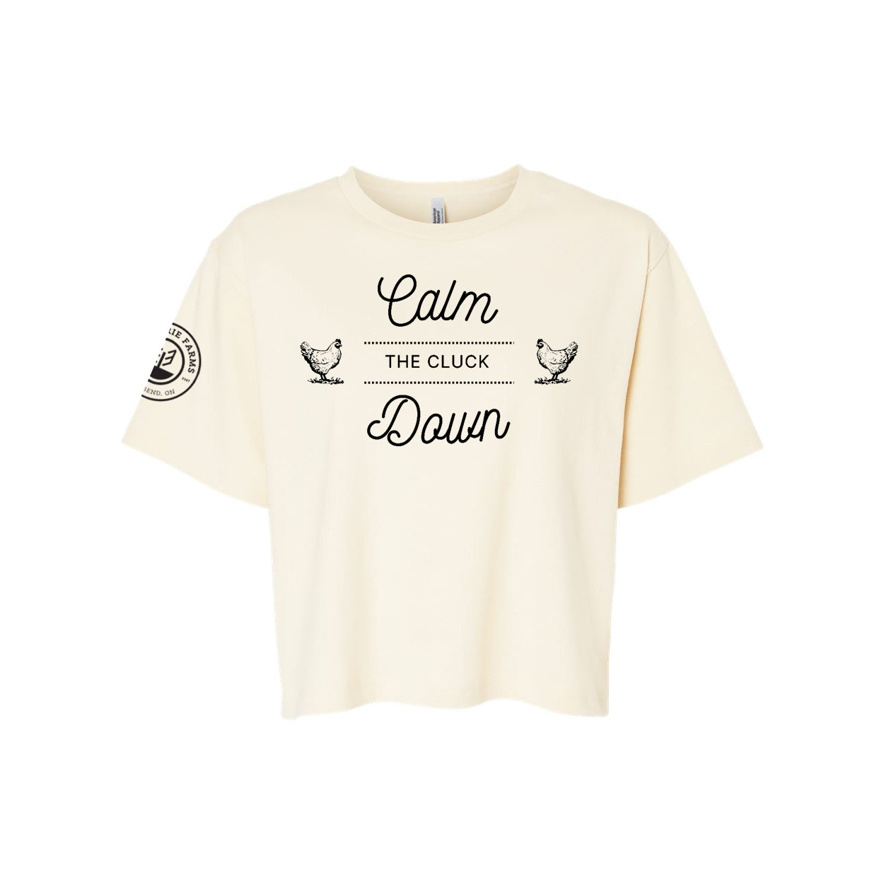 Glen Erie Farms Ladies' Mid-Length Boxy Tee - Calm The Cluck Down - Creme