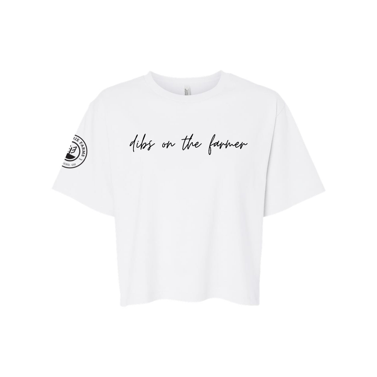 Glen Erie Farms Ladies' Mid-Length Boxy Tee - Dibs on the Farmer - White