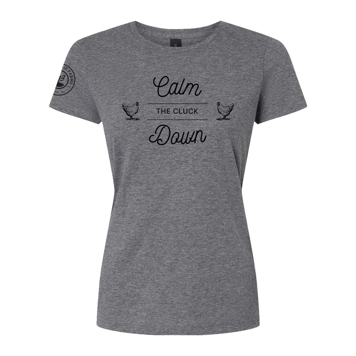 Glen Erie Farms Ladies' Short Sleeve T-Shirt - Calm The Cluck Down - Graphite Heather