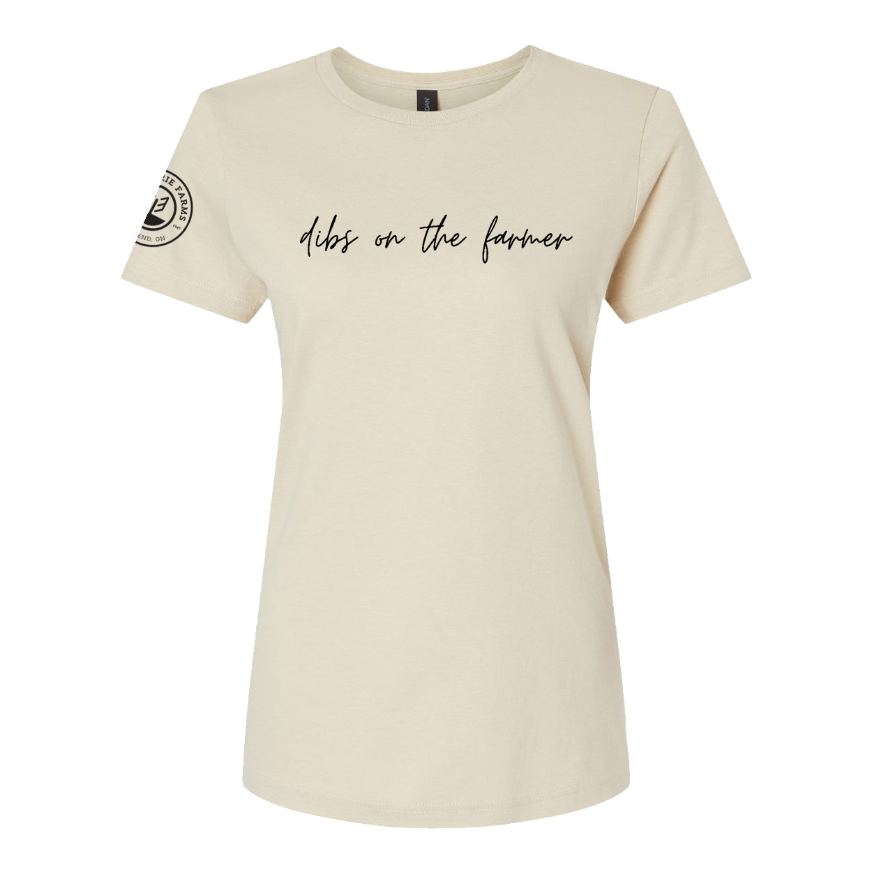 Glen Erie Farms Ladies' Short Sleeve T-Shirt - Dibs on the Farmer - Sand